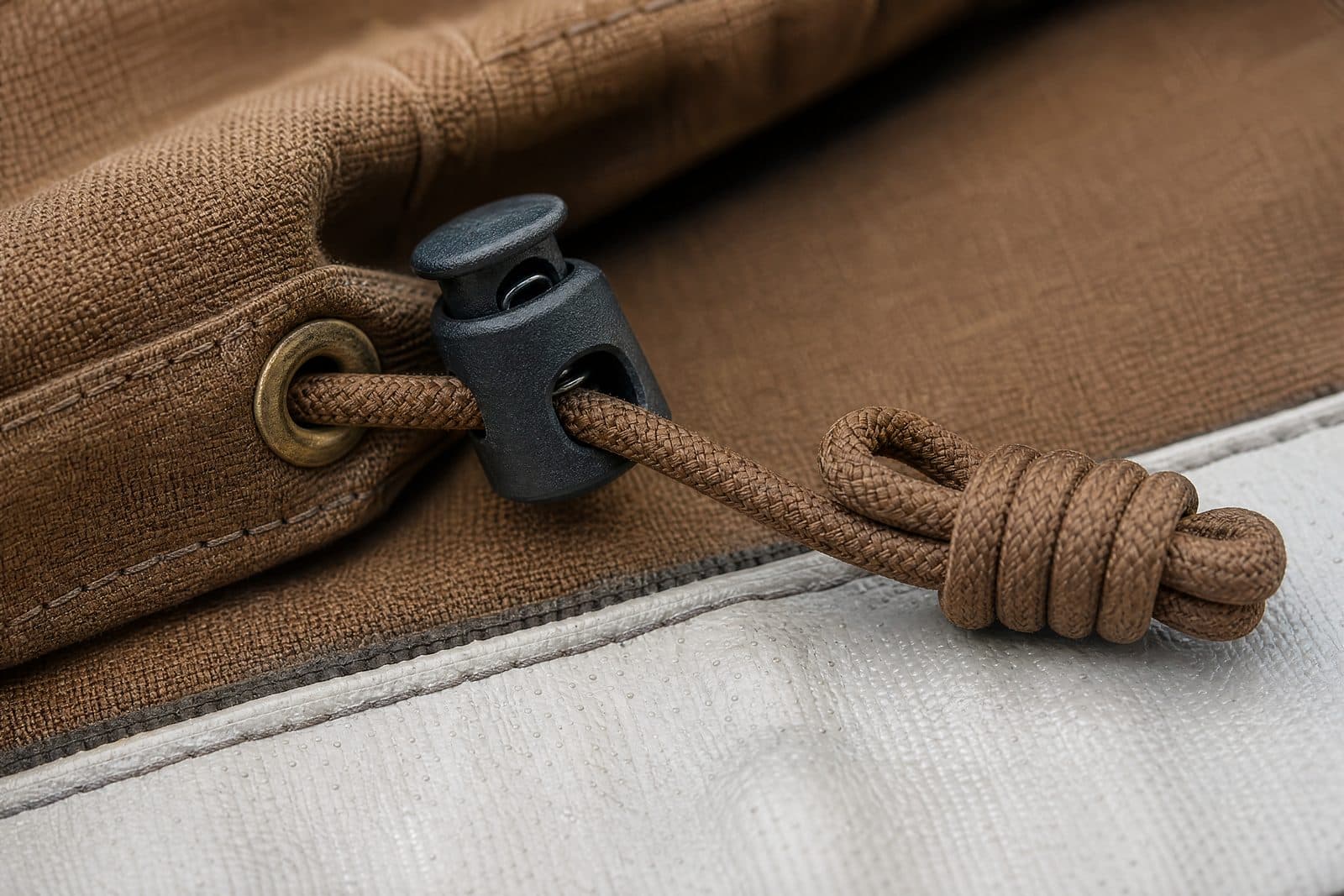 A hem channel with a braided drawcord emerging through a brass eyelet and locked in a spring toggle.