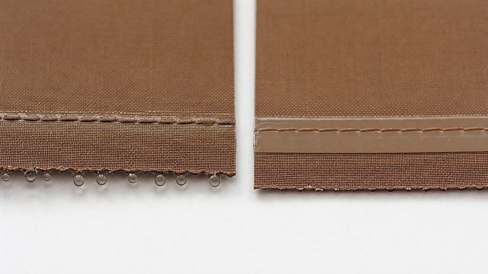 Two fabric samples compared: on the left water has wicked through the stitch holes, on the right the taped seam underside is dry.